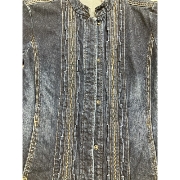 CHICO'S PLATINUM Denim Jean Jacket Blue Ruffle Detail Sz 0 - Picture 3 of 9